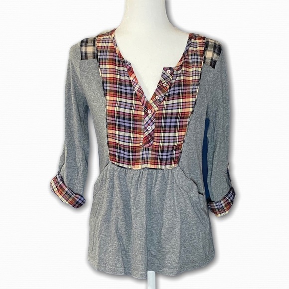 Anthro One September Plaid Tab Sleeve Henley Top - Picture 4 of 8